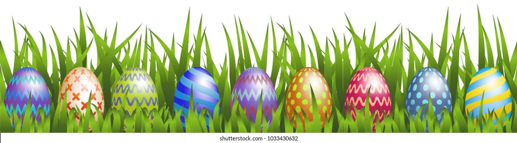 Colorful Easter eggs with grass isolated on white