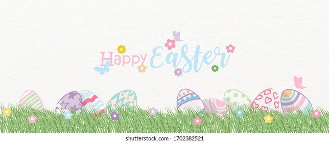 Huevos coloridos de Pascua en el césped con flores coloridas y la frase Feliz Pascua sobre el fondo del patrón de papel blanco. Los huevos de Pascua cazan tarjetas de felicitación en estilo crayón y banner vectorial diseño.