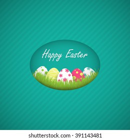 Colorful Easter eggs in the grass in the oval to the card with the words happy Easter on a turquoise background. Vector illustration.