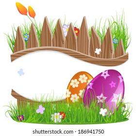 Colorful Easter eggs with grass and wooden fence. Easter background