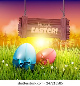 Colorful Easter eggs in the grass and wooden sign at sunset 