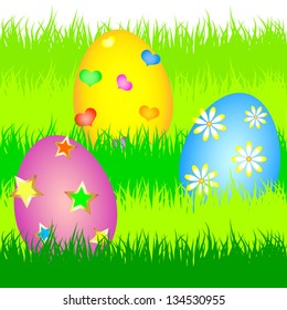 colorful easter eggs in the green grass of the vector