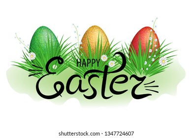 Colorful Easter eggs in green grass with flowers and lettering happy Easter. Element for celebratory design. Vector illustration.