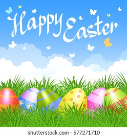 Colorful Easter eggs in green grass for Easter holidays design. Vector illustration