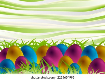 Huevos coloridos de Pascua, hierba de primavera verde y olas curvadas fondo abstracto. Diseño de vectores