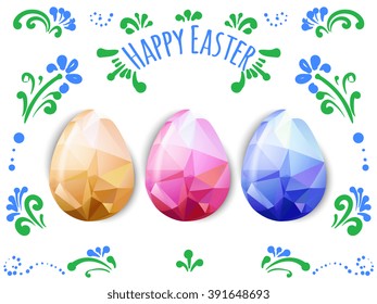 Colorful Easter eggs greeting. Polygonal vector design, low poly