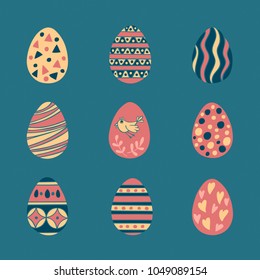 Colorful Easter eggs hand drawn icon set in doodle style on blue background. Perfect vector design elements for decorations greeting card, holidays pattern, wrapping paper