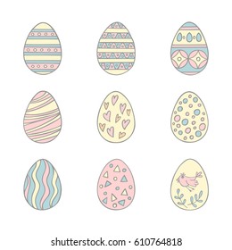 Colorful Easter eggs hand drawn icon set in doodle style. Perfect vector design elements for decorations greeting card, holidays pattern, wrapping paper