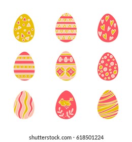 Colorful Easter eggs hand drawn icon set in doodle style on white background. Perfect vector design elements for decorations greeting card, holidays pattern, wrapping paper