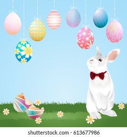 Colorful Easter eggs hanging and a bunny on green lawn. Easter eggs and bunny for Easter holidays. Vector illustration.