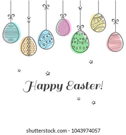 Colorful Easter eggs hanging. Celebratory card.  Vector illustration