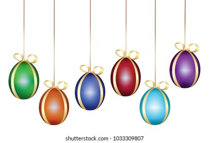 Colorful easter eggs hanging from golden ribbon with tied bows