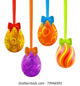 Colorful easter eggs hanging on ribbons with bows. Vector eps10 illustration