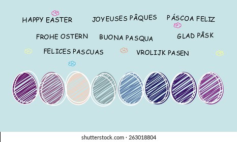Colorful easter eggs and "Happy Easter" in eight different languages