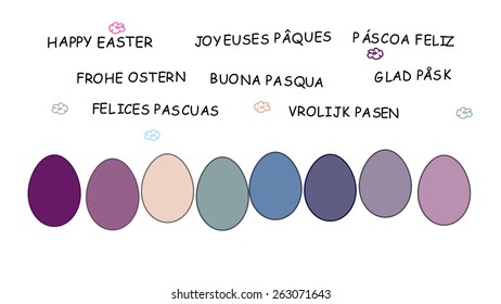 Colorful easter eggs and "Happy Easter" in eight different languages