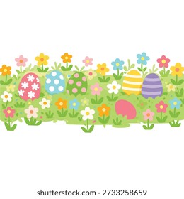 Colorful Easter Eggs Hidden in Flower Garden – Cute Pastel Spring Illustration