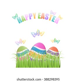 Colorful Easter eggs hiding in green grass with flying butterflies on white background