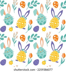 Colorful easter eggs. Easter eggs hunt. Funny print. Seamless pattern. Vector.