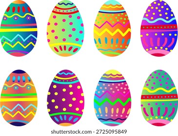Iconos coloridos de los huevos de Pascua fijados gradiente de neón que dibujan los ornamentos aislados del fondo blanco Elementos festivos del Vector de vacaciones Diseño web y pegatinas