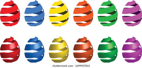 Colorful Easter eggs illustrations, isolated on white (vector). Red, yellow, blue, orange, green, violet eggs with 3D effect.