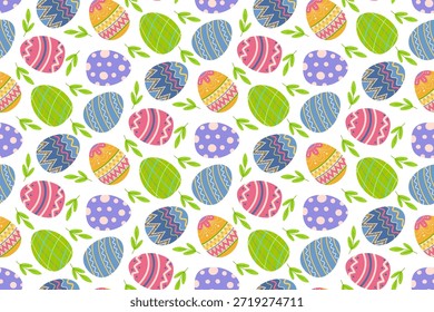 Colorful Easter eggs with intricate patterns in a seamless vector illustration. Brightly decorated eggs in various colors create a festive and cheerful design ideal for Easter-themed projects.