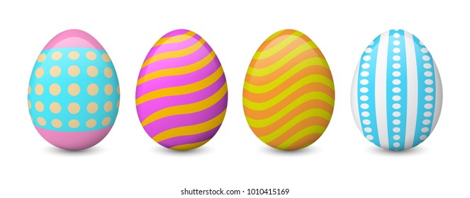 Colorful Easter eggs isolated on the white background. Realistic vector set. Collection of painted and decorated eggs.