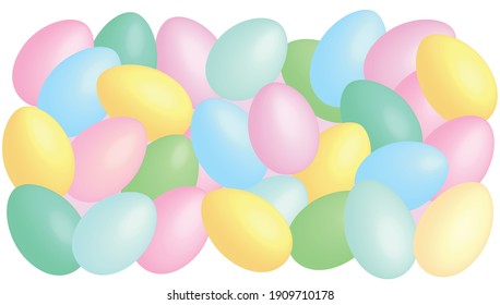 Colorful easter eggs isolated on white background. Easter background. Pastel colors. Full rectangular frame. Copy space.