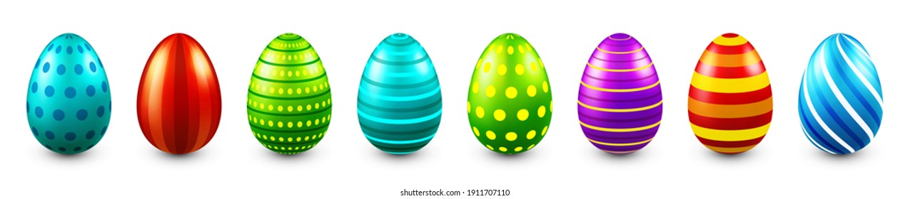 Colorful Easter eggs isolated on white background. Seasonal spring decoration element. Egg hunt game. Vector illustration.