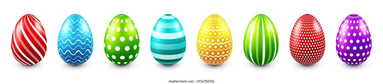 Colorful Easter eggs isolated on white background. Seasonal spring decoration element. Egg hunt game. Vector illustration.