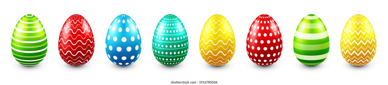 Huevos coloridos de Pascua aislados de fondo blanco. Elemento de decoración de primavera estacional. Juego de caza de huevos. Ilustración vectorial.