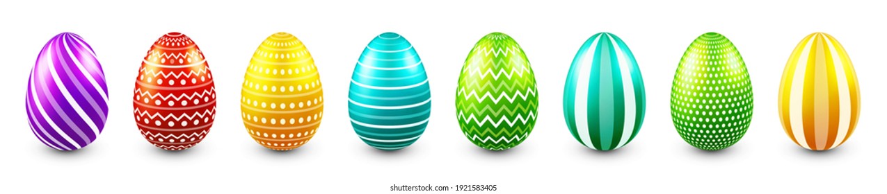 Colorful Easter eggs isolated on white background. Seasonal spring decoration element. Egg hunt game. Vector illustration.