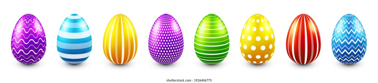 Colorful Easter eggs isolated on white background. Seasonal spring decoration element. Egg hunt game. Vector illustration.