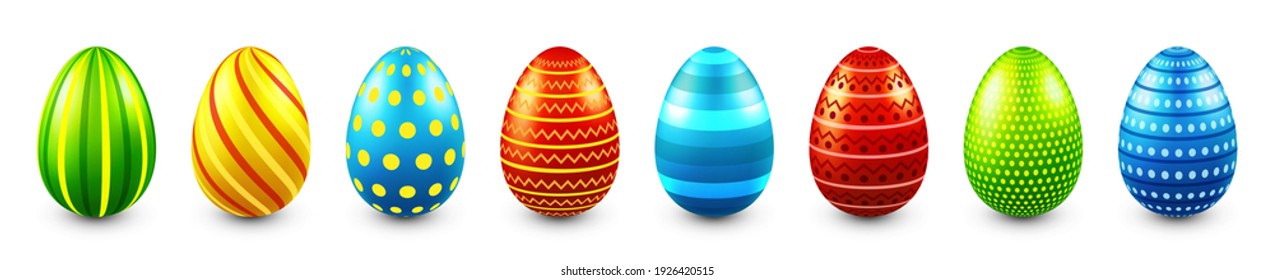 Colorful Easter eggs isolated on white background. Seasonal spring decoration element. Egg hunt game. Vector illustration.