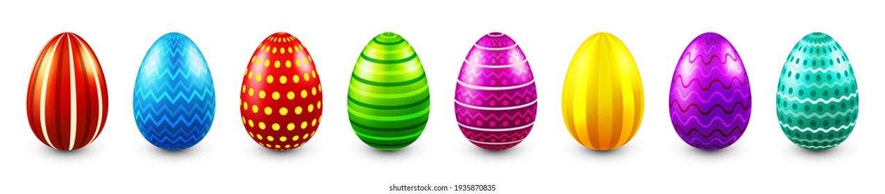 Colorful Easter eggs isolated on white background. Seasonal spring decoration element. Egg hunt game. Vector illustration.