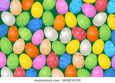 Colorful Easter eggs lying next to each other, Vector illustration isolated on green background
