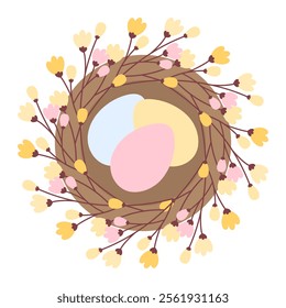 Colorful Easter Eggs in nest with blooming sprigs in trendy festive soft shades. Ester greeting idea