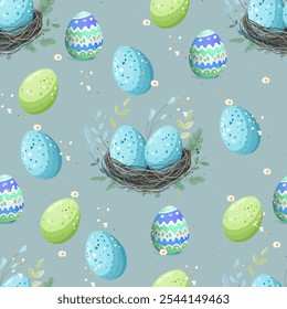 Colorful Easter eggs nestled in a decorative pattern on a soft blue background