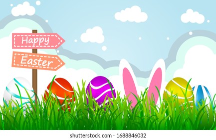 Colorful easter eggs on background with grass and clouds, vector art illustration.