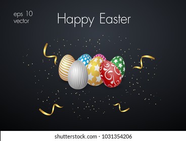 colorful easter eggs on black background and and gold confetti. Vector illustration, card, menu, banner, poster, voucher.