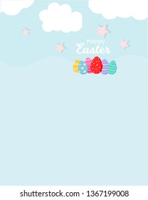 Colorful Easter eggs on blue sky background with cute star vector illustration card.