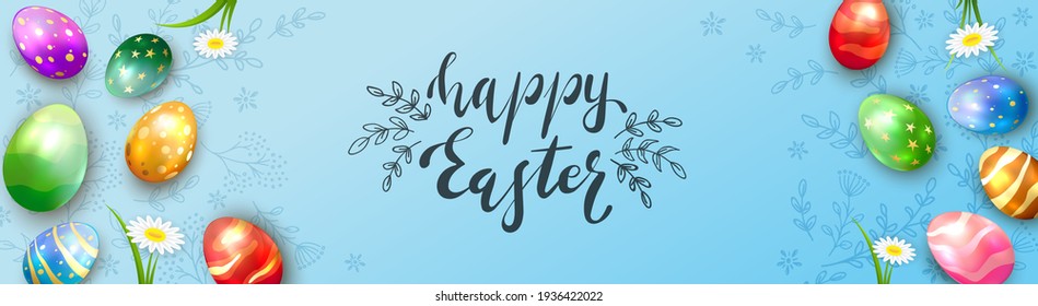Colorful Easter eggs on blue banner with flowers,  floral pattern and lettering Happy Easter. Illustration can be used for holiday design, banner, website, greeting cards.