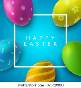 Colorful easter eggs on blue background. Vector template.