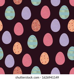 Colorful Easter eggs on dark background seamless pattern. Vector. Wrapping paper design template.