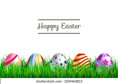 Colorful Easter Eggs on Fresh Green Grass isolated on white background