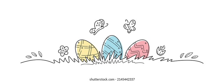 Colorful easter eggs on a grass with flowers and butterflies. Line design. Happy Easter concept on transparent background. Vector illustration for banner, poster, flyer, greeting card, invitation