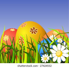 Colorful Easter eggs on grass