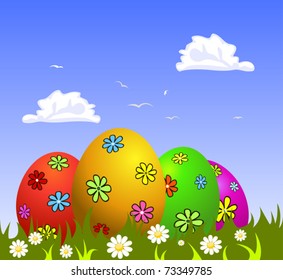 Colorful Easter eggs on grass