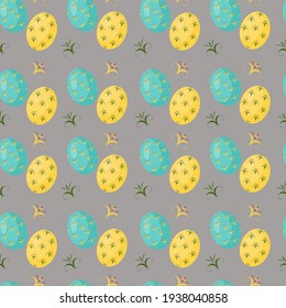 Colorful Easter eggs on a gray background. Easter seamless pattern. Vector illustration for wrapping paper, background wallpaper, postcards, fabric printing.