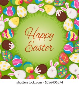 Colorful easter eggs on the green grass  background. Vector Holiday Frame. Happy Easter vector background