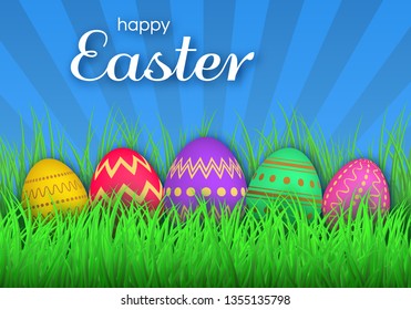 Colorful Easter eggs on green grass and inscription Happy Easter. Nature background template. Greeting Card. Vector illustration